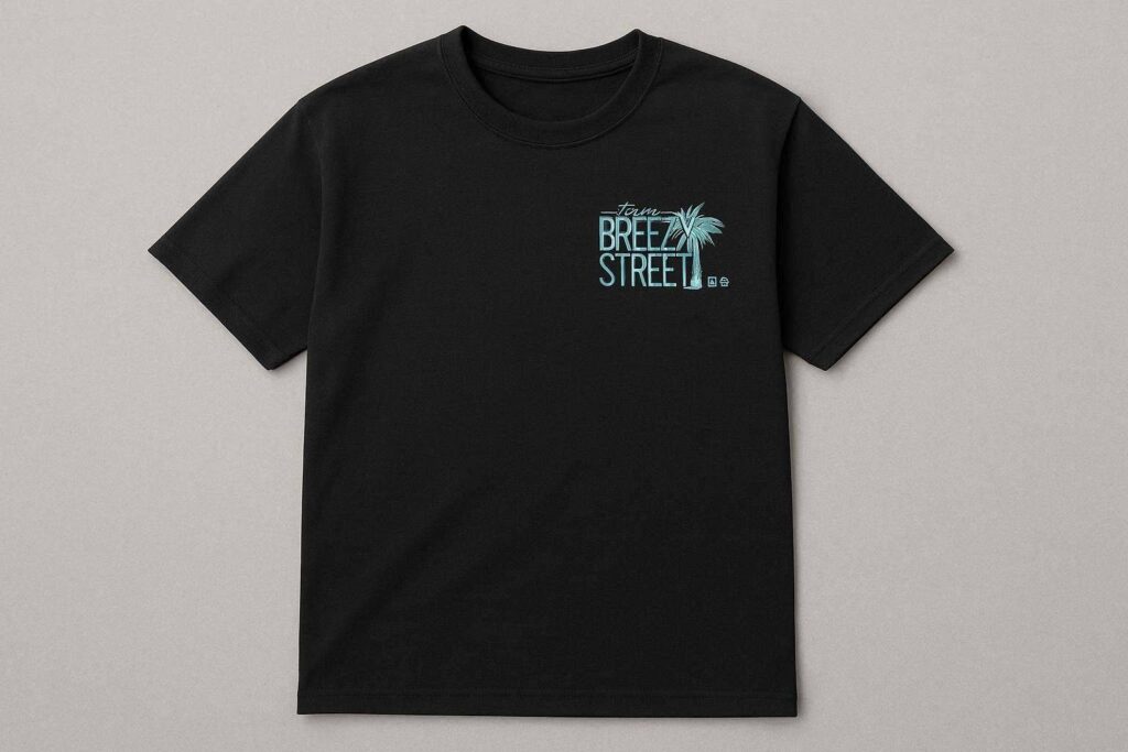 Black t-shirt with a teal Team Breezy Street palm-tree logo