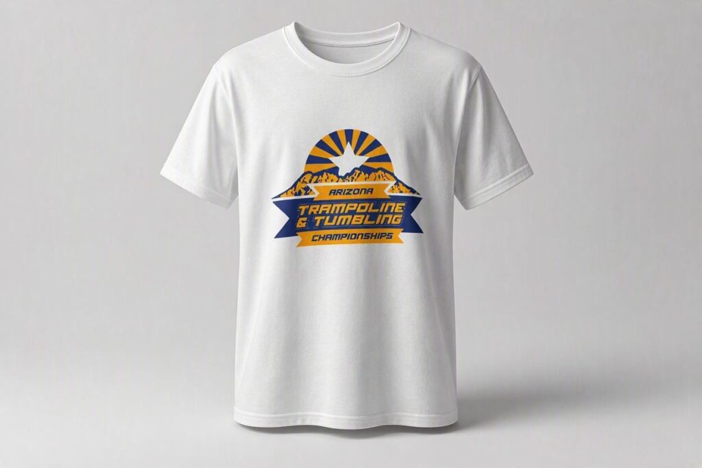 White t-shirt with Arizona Trampoline and Tumbling Championships logo
