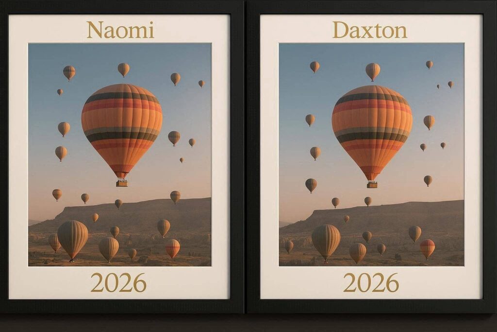 Two black-framed posters labeled Naomi and Daxton over a balloon photo